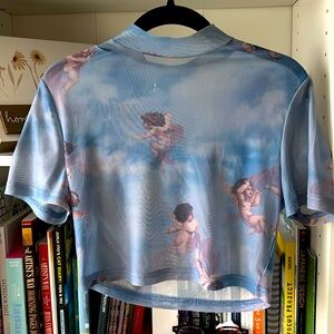 Cider Angel Clouds Mesh Short Sleeved Crop Top Blouse Shirt Blue Sky medium